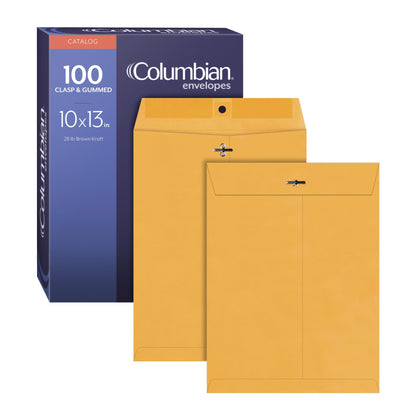 Columbian Clasp Envelopes, Heavy-Duty Brown Kraft, Secure Metal Clasp and Gummed Seal, Large Mailing Envelopes, 10" x 13", 100 per Box (1016827)