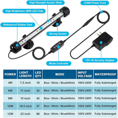 DaToo 10W 18.5inch Submersible Aquarium Light Underwater Fish Tank Light LED Aquarium Light Bar with Timer Auto On/Off and Dimmer Adjustable Brightness, 1 Yr Warranty