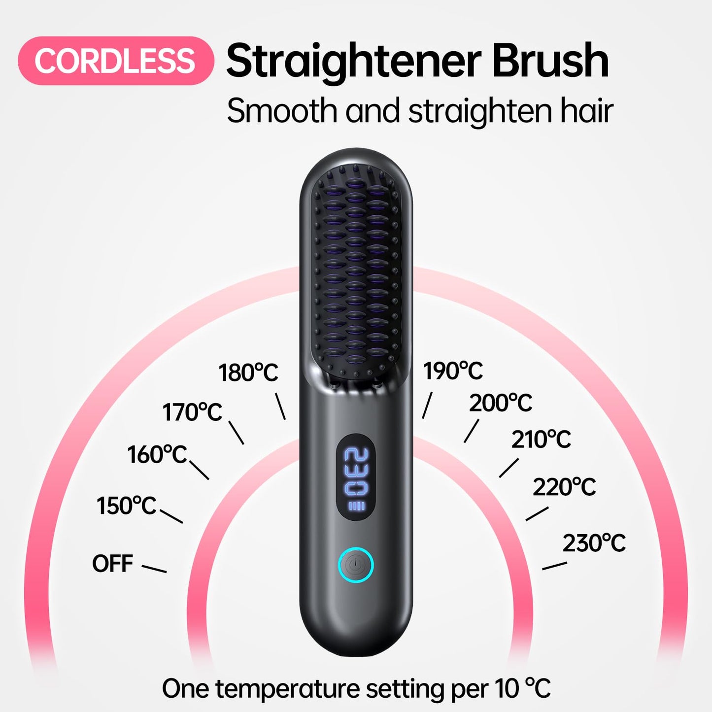 Cordless Hair Straightener Brush-Portable Straightening Comb, 9600mAh Batt, Plasma Tech, 9 Temp-Settings & LED Display, for Travel & Home(Pink)
