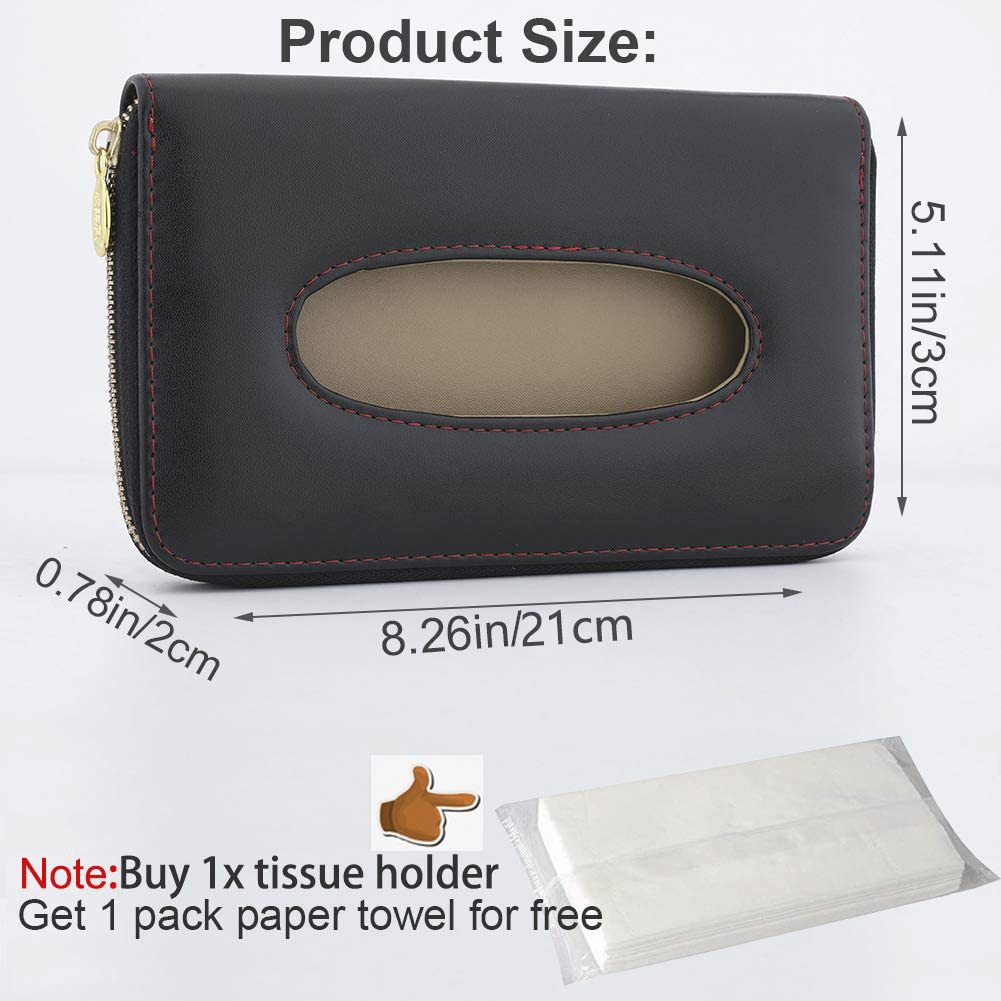 Cartisen Car Tissue Holder, Sun Visor Tissue Holder, Car Visor Napkin Holder, PU Leather Backseat Tissue Case Holder for Car Vehicle with Zipper (Black)