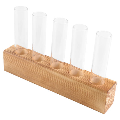 CONGARTENO Glass Test Tube Vase with 5-Hole Wooden Stand Hydroponic Plant Terrarium for Indoor Home Décor and Desktop Plant Holder