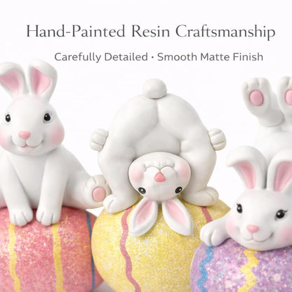 GoGnome Easter Decoration Indoor, Set of 3 Resin Easter Bunny Figurines on Pastel Eggs – 6.5''H Playful Rabbit Spring Decor for Shelf, Mantel & Tabletop (Pink/Yellow/Purple)