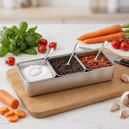 Anu Limen Stainless Steel Condiment Pots 3 Compartment – Spice Storage Box with Lid and 3Pcs Spoons for Salt, Sugar, Peppers 12.99x5.91x2.56 In