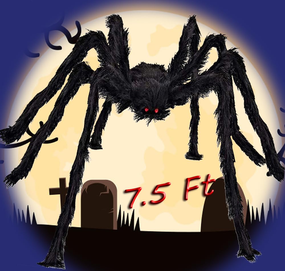 Epesl Halloween Giant Spider Outdoor Decorations, 7.5Ft Huge Hairy Black Spider, Scary Fake Spider Props for Halloween Indoor, Outdoor and Yard Patio Window Creepy Decor Supplies