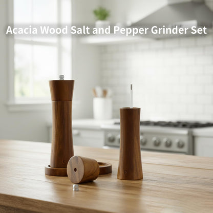 Amestar 2 Pack Acacia Wooden Salt and Pepper Grinder Set, 8.3 Inch Salt Grinder Refillable with Adjustable Coarseness, Manual Pepper Grinder with Ceramic/Stainless Steel Core, Home Essentials