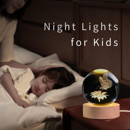 AOFEGRLT 3D Laser Etched Butterfly Crystal Ball with Stand, 60mm Glass Sphere Decorative Balls, Crystal Butterfly Figurine Lamp Night Light Gifts for Women Girls Mom Kids