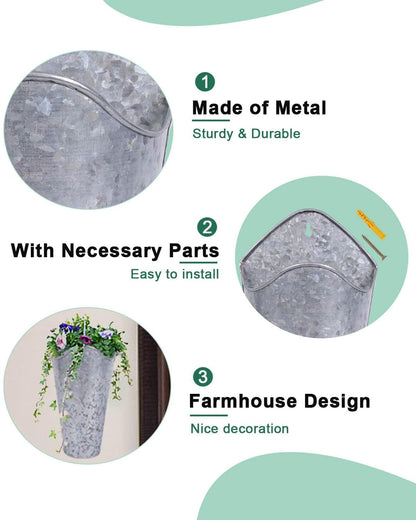 vensovo 12 Inches Galvanized Wall Planters - 2 Packs Metal Tin Vases for Flowers Indoors, Farmhouse Hanging Planter Tall Flower Holder for Country Decor Outdoors, Silver