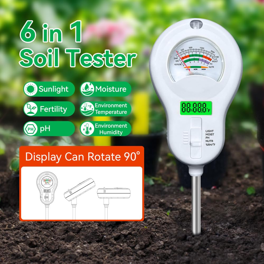 6-in-1 Soil Moisture Meter, PH Tester, Soil Moisture, Fertility, Sunshine Intensity, Temperature, Humidity, with Removable Probe for Gardens, Lawns, Farms (Including 1*AAA Batteries) (3)