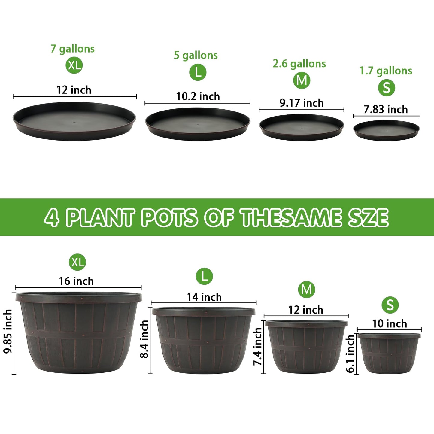 Quarut 4 Pack 10 inch Pots for Plants and 4 Pack 12 inch Flower Pots with Drainage Holes and Saucer for Outdoor Indoor Plants.