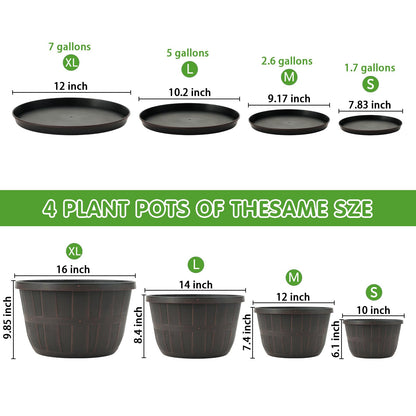 Quarut 4 Pack 10 inch Pots for Plants and 4 Pack 12 inch Flower Pots with Drainage Holes and Saucer for Outdoor Indoor Plants.