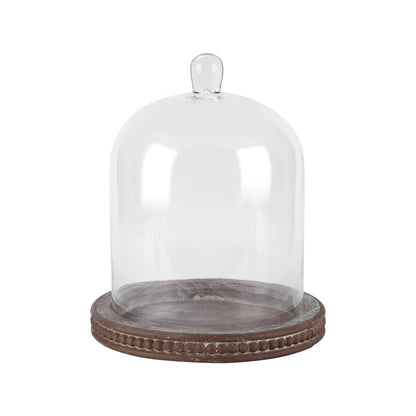 14" Large Handmade Sturdy Glass Cloche With Brown Beaded Wooden Base In Farmhouse & Cottage Style, For Terrarium, Trinkets, Cakes, Figurines (Brown, 10"x14")