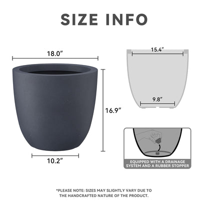 Kante 18 Inch Dia Round Concrete Planter, Indoor Outdoor Large Plant Pot with Drainage Hole and Rubber Plug for Home Patio Garden, Charcoal