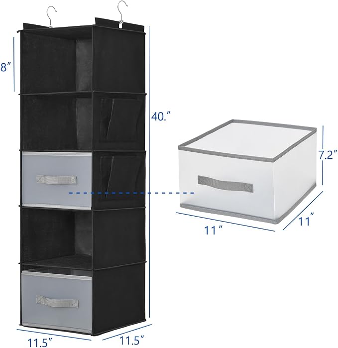 5-Layer Suspended Fabric Shelf Organizer, Equipped with 2 Sturdy Hooks, 2 Separate Drawers, and Foldable Hanging Storage (Black)