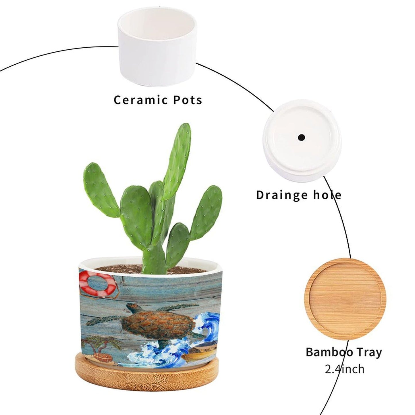 DreamAutumn Ocean Theme Sea Turtle Ceramic Pots for Plants with Drainage Holes Round Flower Pot Bamboo Tray Orchid Pot Succulents Pots for Outdoor Indoor Plants,Housewarming Gifts