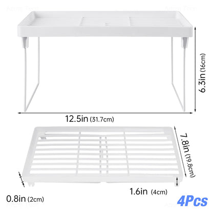 NiHome 4-Pack Stackable Plastic Kitchen Storage Shelf Foldable Rack - White Kitchen Cabinet Organizer and Storage Shelves Stackable Expandable Storage Racks for Counter Cabinet Pantry