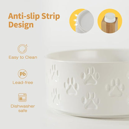 Elevated Ceramic Dog Bowls, 7.3" Dog Dishes with Stand, 5 Cup Elevated Food & Water Bowls for Medium Sized Dogs, Microwave Safe (Double Bowls + Stand - White, 7.3 inch)