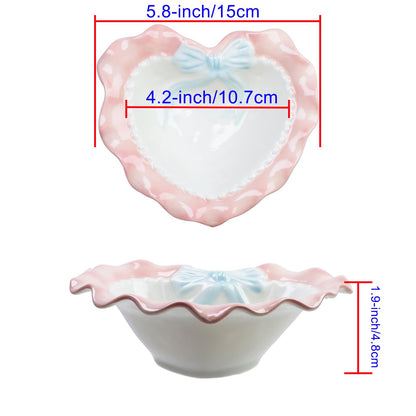 Bitray Heart Shaped Dessert Bowl Lovely Ceramic Wavy Lace Bowl for Rice Grain Fruit and Salad (Pink)