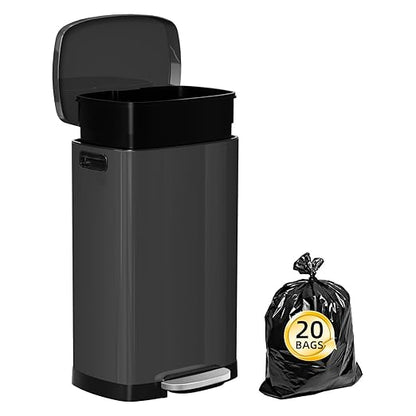 KdbK 13 Gallon Trash Can with Lid, 50L Fingerprint Proof Stainless Steel Kitchen Trash Can with Removable Inner Bucket and Lid Soft Close, Pedal Rubbish Bin for Home Office, Titanium Black