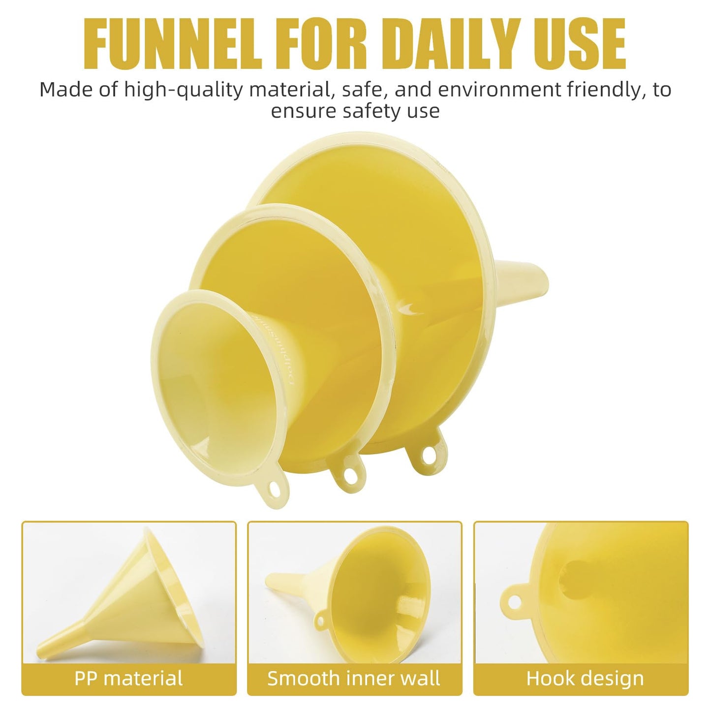 Plastic Kitchen Funnel Set of 3, Round Kitchen Funnels for Filling Bottles, Durable and Multifunctional Funnels for Filling Canning, Cooking, Lab or Car Oil (Milk Yellow)