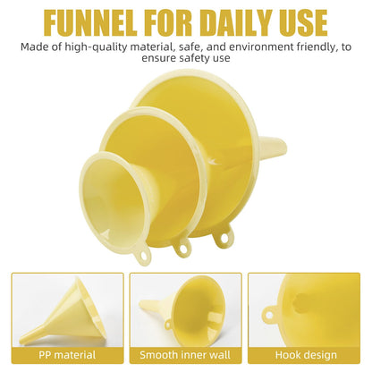 Plastic Kitchen Funnel Set of 3, Round Kitchen Funnels for Filling Bottles, Durable and Multifunctional Funnels for Filling Canning, Cooking, Lab or Car Oil (Milk Yellow)