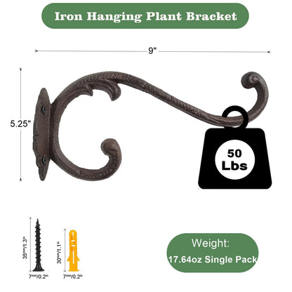 Z metnal Cast Iron Plant Hanger - 9 inch Rustic Wall Mounted Hanging Basket Holder for Indoor/Outdoor Garden, Patio, Porch Decor - Heavy Duty Metal Hook Bracket, Double Hook,