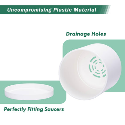 D'vine Dev 2 Pack 6 Inch Modern Plastic Plant Pots, Small Garden Planters for Plant with Drainage Holes and Saucers, White Color, 74-Z-J-1