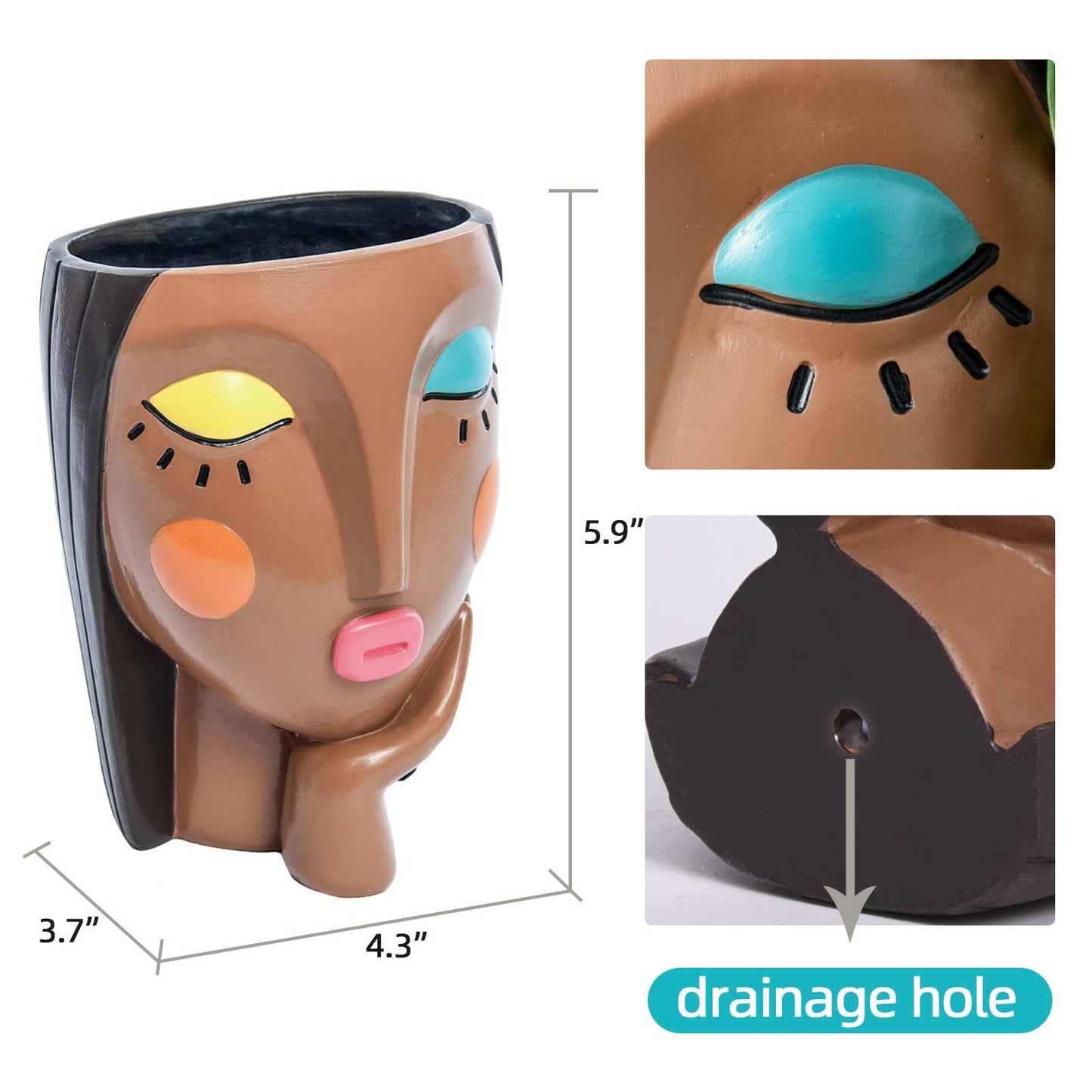 Saysmile Face Planter Pots for Indoor Plants, Resin Head Planter Succulent Planter Flower Planter Cute Girl Head Pots with Drainage Hole - Painted Thinking Girl Closed Eyes