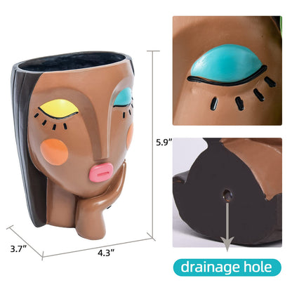 Saysmile Face Planter Pots for Indoor Plants, Resin Head Planter Succulent Planter Flower Planter Cute Girl Head Pots with Drainage Hole - Painted Thinking Girl Closed Eyes