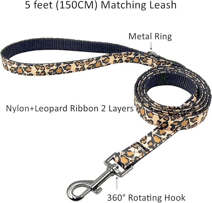 Dog Collar Leash Set, Leopard Pattern, Nylon Webbing Plus Cotton Ribbon, 5ft Matching Leash, for Medium Dogs.(M, Brown Leopard)