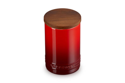 Le Creuset Stoneware Signature Large Salt Cellar and Storage Canister with Wood Lid, 26 oz., Cerise