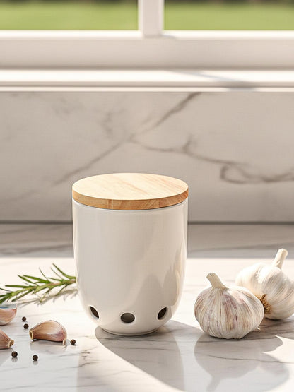 LEETOYI Ceramic Garlic Keeper for Counter, Garlic Holder with Wood Lid (White)