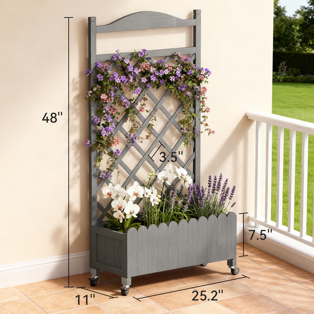 COMHOMA 2 Pack Planter Box with Trellis and Wheels, 48In Elevated Raised Garden Bed, Drainage Holes, Outdoor Lattice for Climbing Flowers, Vegetables, Patio Balcony, Gray