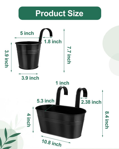 vensovo 6 Pcs Metal Railing Planters Set, 10.8" Oval & 5" Round Hanging Flower Pots with Detachable Hooks, Black Fence Planter Baskets for Outdoor Plants, Herbs & Succulents, Garden Decor