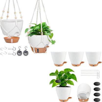 Fielda 10 Inch Hanging Planters for Indoor Plants & Outdoor, 6 Inch Self Watering Pots for Indoor Plants (5-Pack) Plastic Planters with Water Window, Drainage Holes & Trays