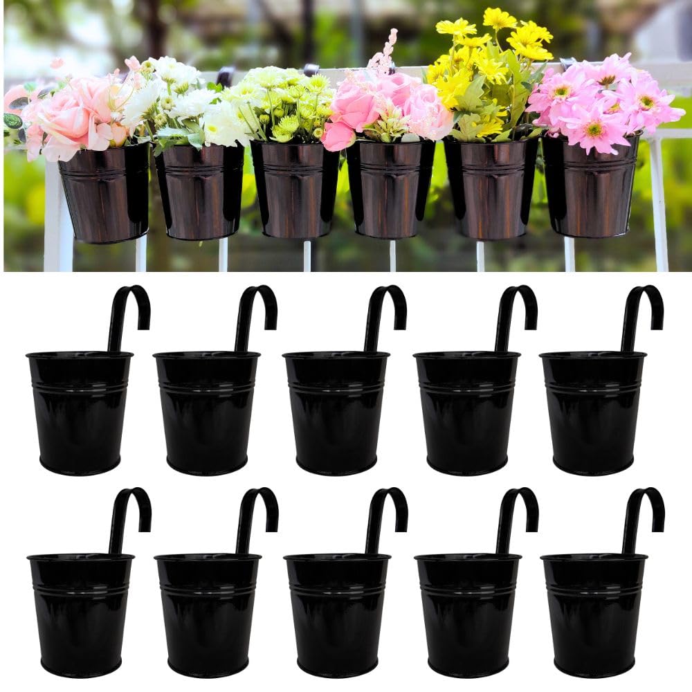 LaLaGreen Small Hanging Planters - 10 Pack, 4 Inch Black Metal Bucket Small Flower Pots for Outdoor Outside, Balcony Railing Hanging, Cute Garden Decor Rail Wall Farmhouse Rustic Deck Porch Succulent