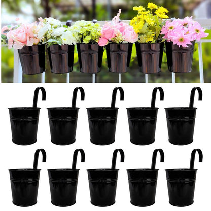 LaLaGreen Small Hanging Planters - 10 Pack, 4 Inch Black Metal Bucket Small Flower Pots for Outdoor Outside, Balcony Railing Hanging, Cute Garden Decor Rail Wall Farmhouse Rustic Deck Porch Succulent