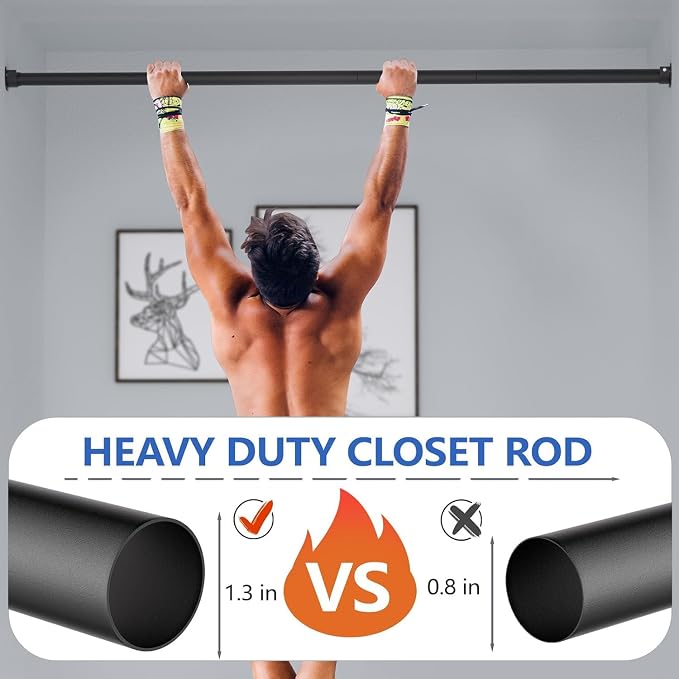 SUTINE Closet Rod, 17 to 97 Inch Closet Rods for Hanging Clothes, Heavy Duty Adjustable Clothes Hanging Bar Rod Matte Black Closet Poles for Wardrobes, Closet, Bathroom, Windows, 1.3 Inch Diameter