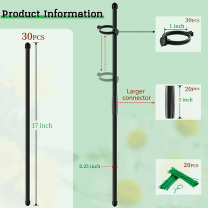30Pcs Plant Support Stakes 17 inch SupKing Garden Orchid Sticks Extended to 3ft 4ft 5ft Plant Poles with Clips for Indoor Outdoor Potted Tomato Rose Amaryllis Vegetables Comes with 20 Ties(Black)