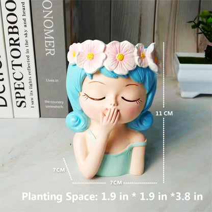 4pcs Cute Head Planter Resin Succulent Planter Little Girl Flower Pot, Human Face Cactus Plants Container Bonsai Holder Thumb Pot Fairy Figurine Statue Planters with Drainage Decor Gift (Colorful)