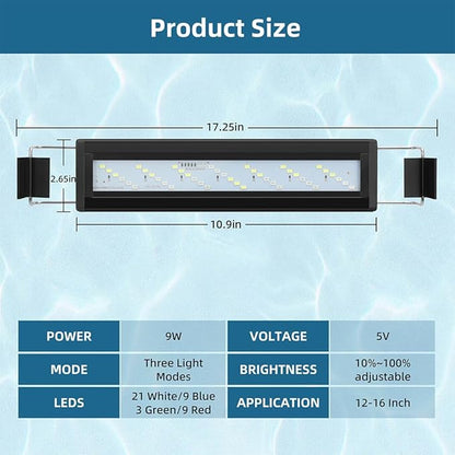 DaToo LED Aquarium Light Full Spectrum Fish Tank Light with Dimmer White Blue Red Green LEDs Fish Tank Light with Three Lighting Modes and Extendable Bracket for 12 Inch to 16 Inch Aquarium