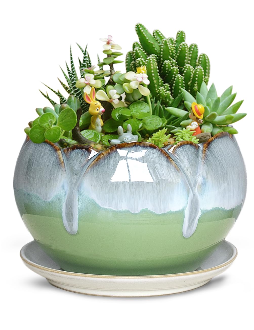 Dahlia 5.5'' Inch Rustic Drip Glazed Ceramic Planter/Succulent Pot/Plant Pot w. Saucer/Tray, Green
