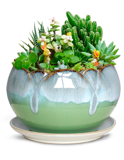 Dahlia 5.5'' Inch Rustic Drip Glazed Ceramic Planter/Succulent Pot/Plant Pot w. Saucer/Tray, Green