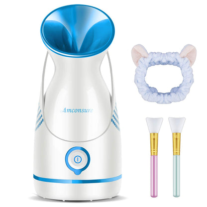 Amconsure Facial Steamer - Nano Ionic Face Steamer Warm Mist Steamer for Home Sauna SPA, Humidifier for Face Steamer for Deep Cleaning Unclogs Pores Sinuses - Bonus 5 Piece Stainless Steel Skin Kit