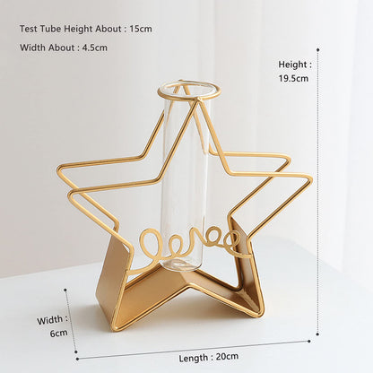 Glass Flower Vase with Metal Frame,Modern Creative Geometric Clear Vase for Flower Centerpieces Decorative,Desktop Hydroponics Vase Plant Terrarium for Home Office Decoration (Gold Star-Love)