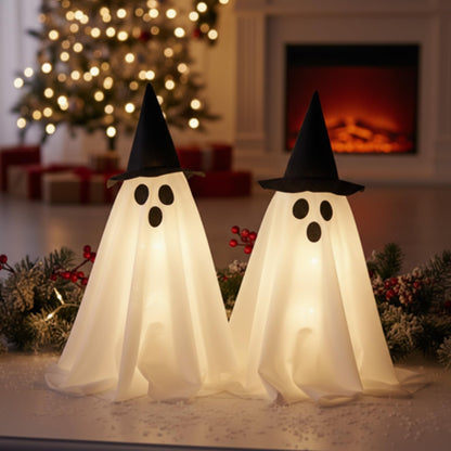 VioraWhite 2 Pack 18.8Inch Lighted Halloween Decoration Indoor Ghost Witch Hat with Lights Spooky Halloween Party Decoration Scary Glowing Ghost Kit for Mantel Shelf Table Fireplace Home Room Kitchen