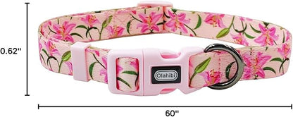 Dog Collar Leash Set, Floral Pattern, Polyester Material, Adjustable Collar and 5ft Matchcing Leash, for Puppy Dogs.(XS, Pink Lily)