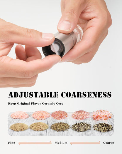 Mini Salt and Pepper Grinder Set, Adjustable Coarseness Coarse & Fine Salt Shakers Mills, Small Travel Portable Spice Tools [Without Spice Content]