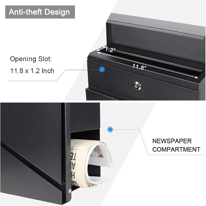 Lockable Mailboxes with Keys,Outdoor Wall Mounted Mail Box with Large Capacity,14 3/10" x 4 1/10" x 13",Black
