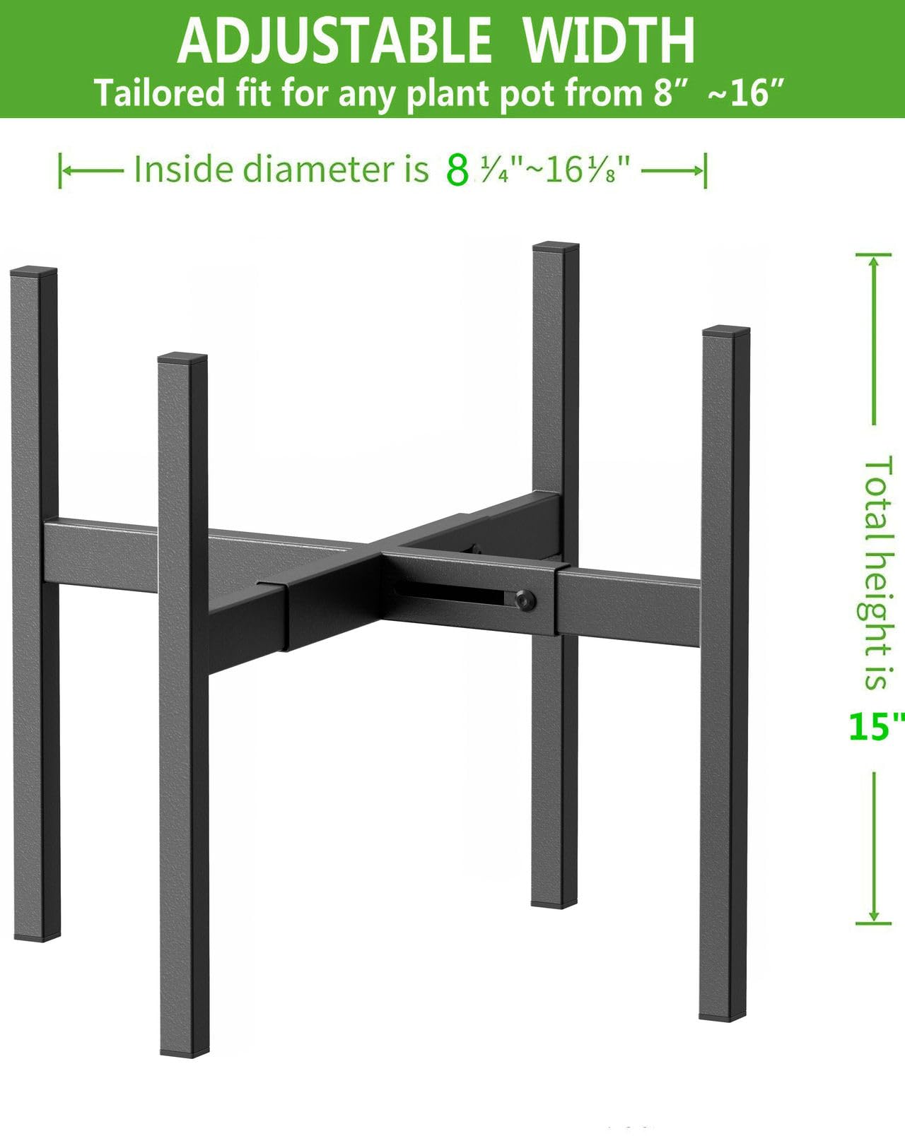 BSTMAI Metal Plant Stand, Adjustable Size Fits 10 12 13 14 15 16 Inches Large Planter Pot,Mid Century Expandable Plant Holder Indoor Outdoor Corner (HeavyBlack, Fits all pots between 8" and 16")