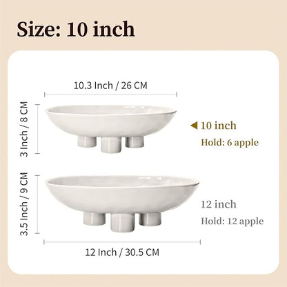 Three-Leg Ceramic Fruit Bowl, 10 Inch Oval Serving Dish for Kitchen Counter, Candy or Key Holder, Home Decor Accent White